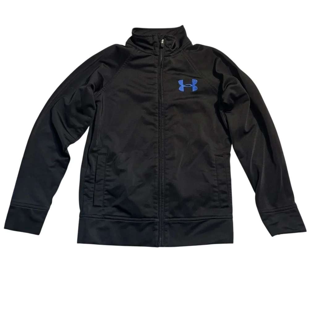 Under Armour Track Jacket Youth Small (6/7) Black Lightweight Full-Zip Blue Logo